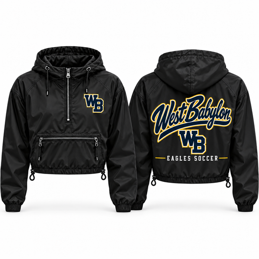 West Babylon Eagles Soccer Women's Pro Script Crop Windbreaker in Black with navy gold and white collegiate artwork
