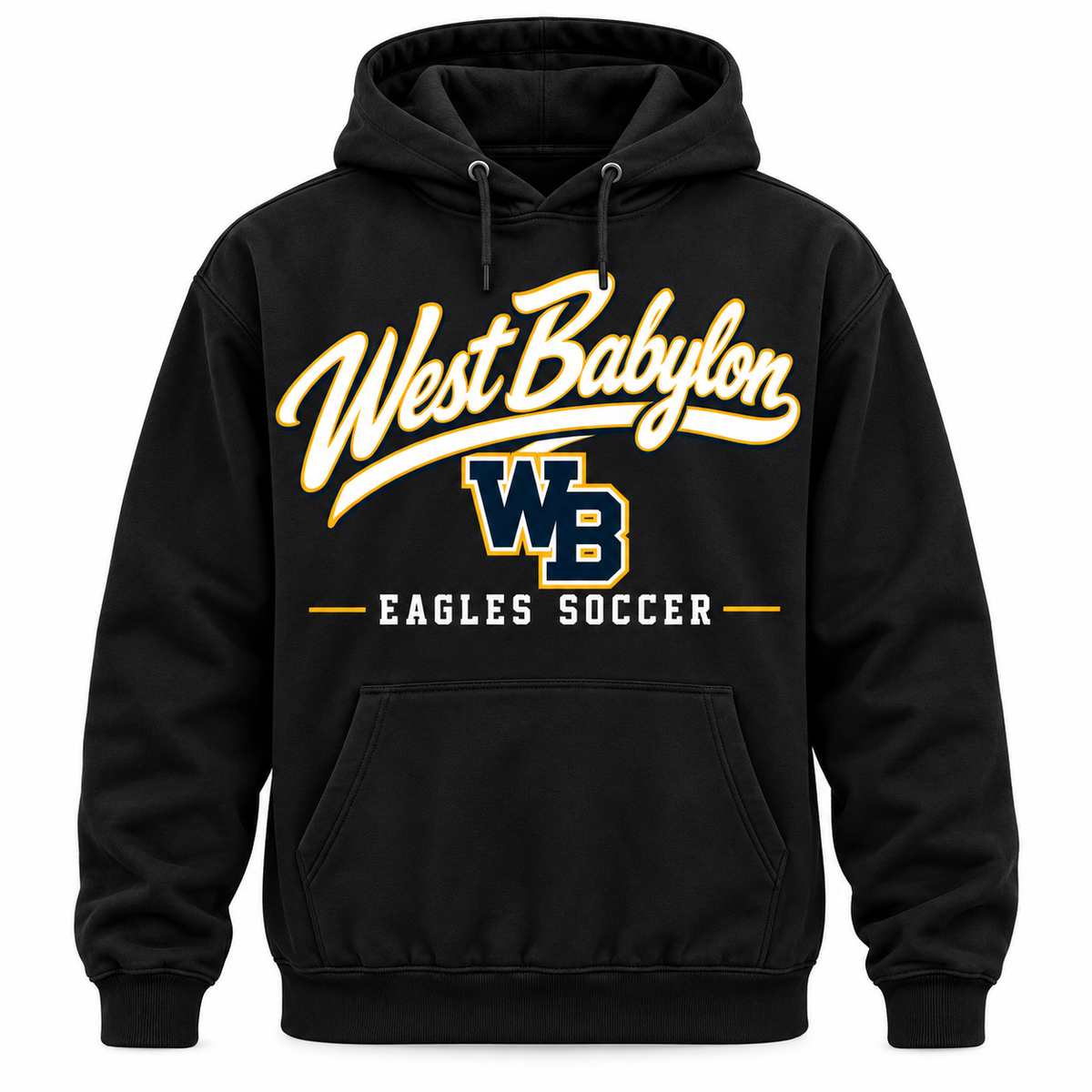 West Babylon Eagles Soccer Full-Front Pro Script Hoodie in Black with navy gold and white collegiate artwork
