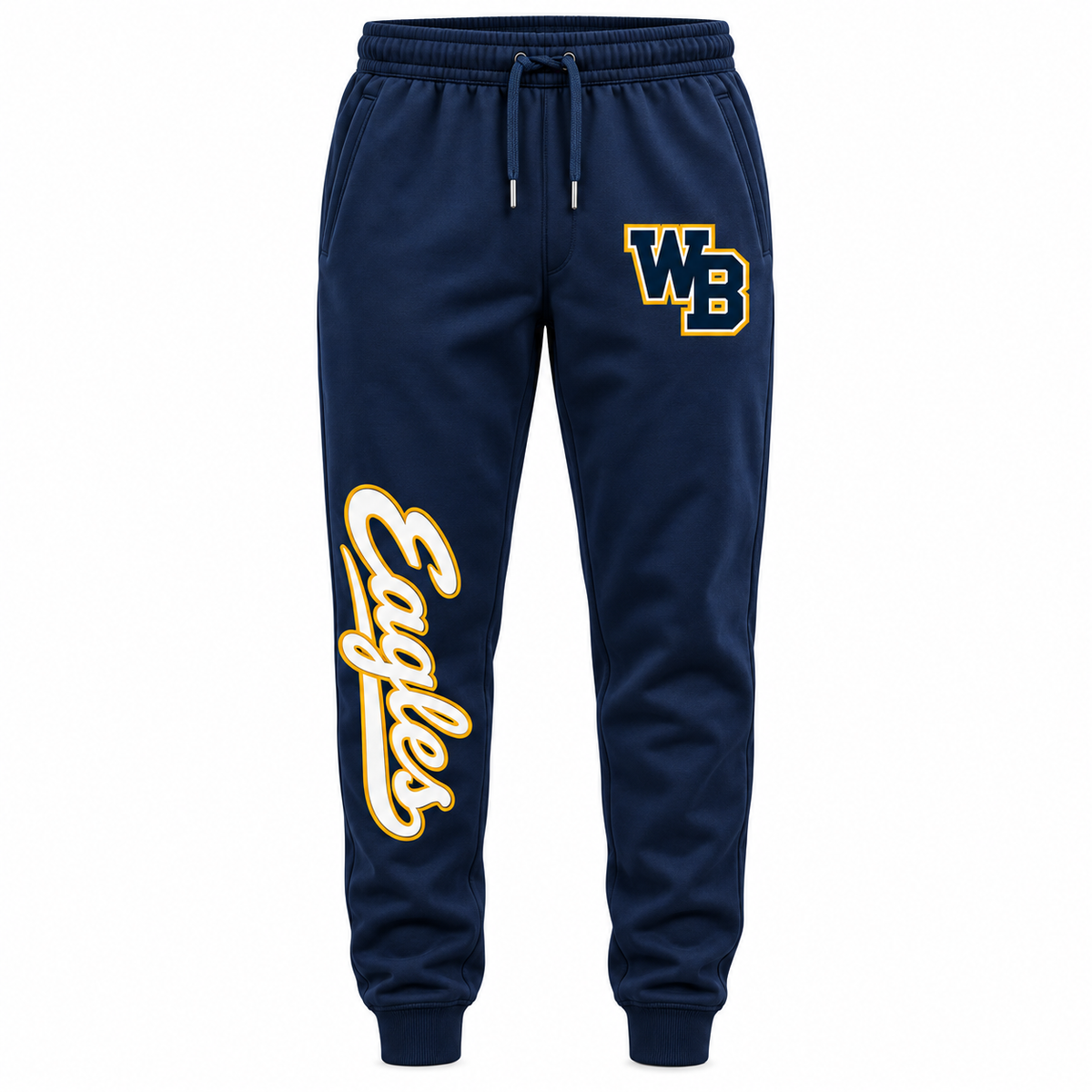 West Babylon Eagles Soccer WB Joggers - Eagles Script Leg in Navy with navy gold and white collegiate artwork