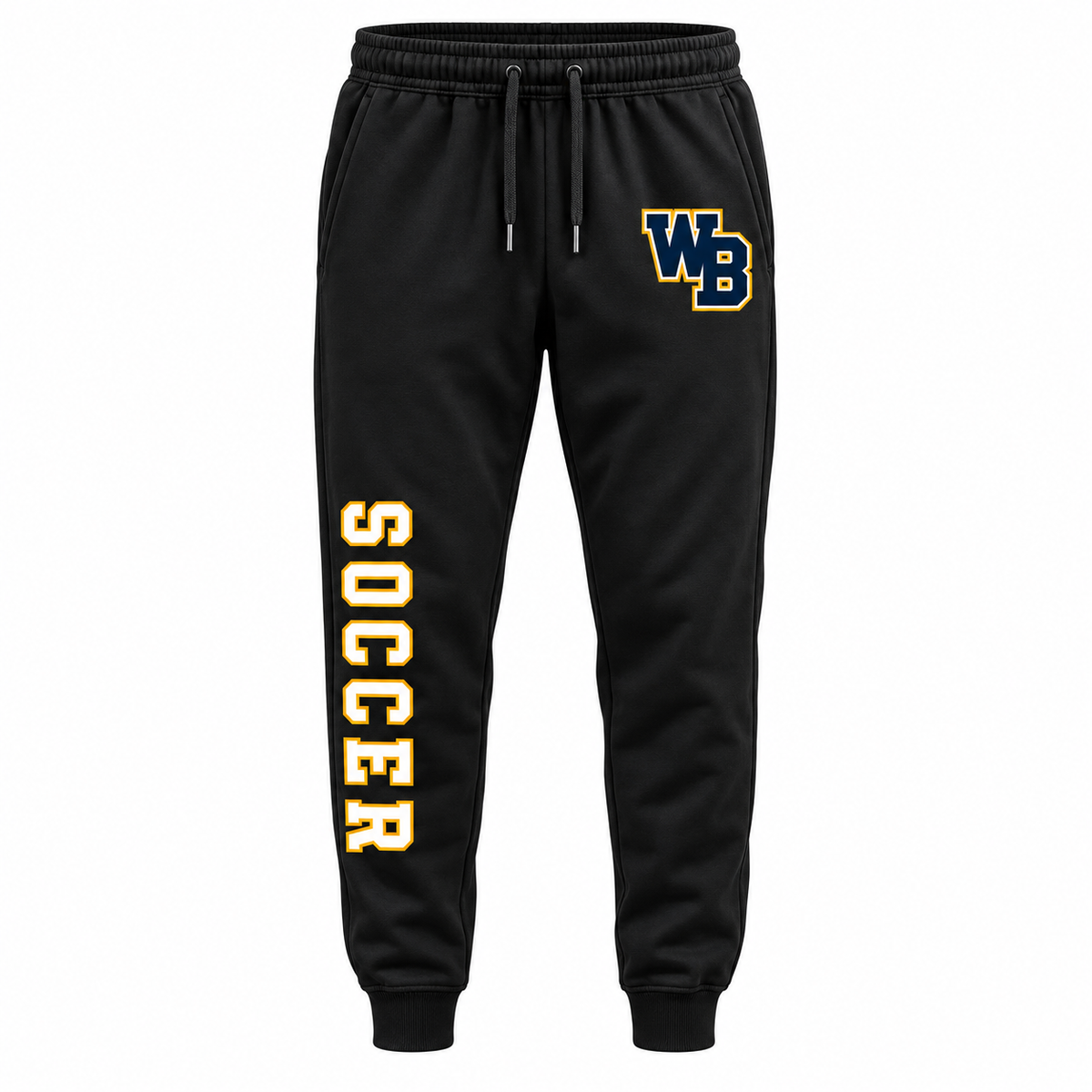 West Babylon Eagles Soccer WB Joggers - Soccer Varsity Leg in Black with navy gold and white collegiate artwork