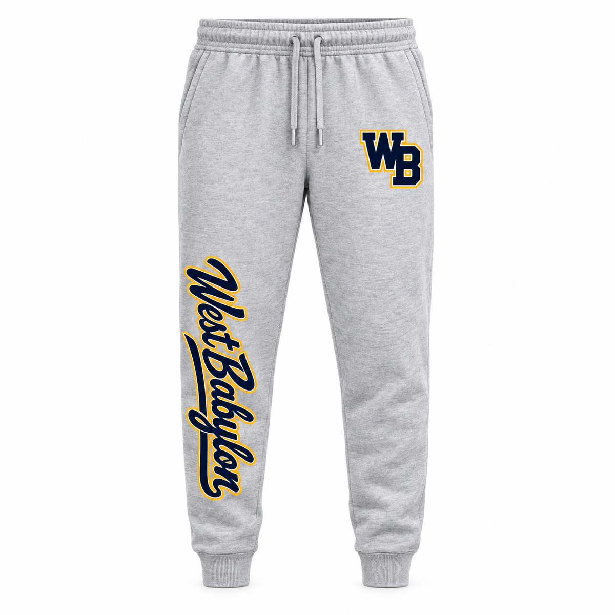 West Babylon Eagles Soccer WB Joggers - West Babylon Script Leg in Heather Gray with navy gold and white collegiate artwork