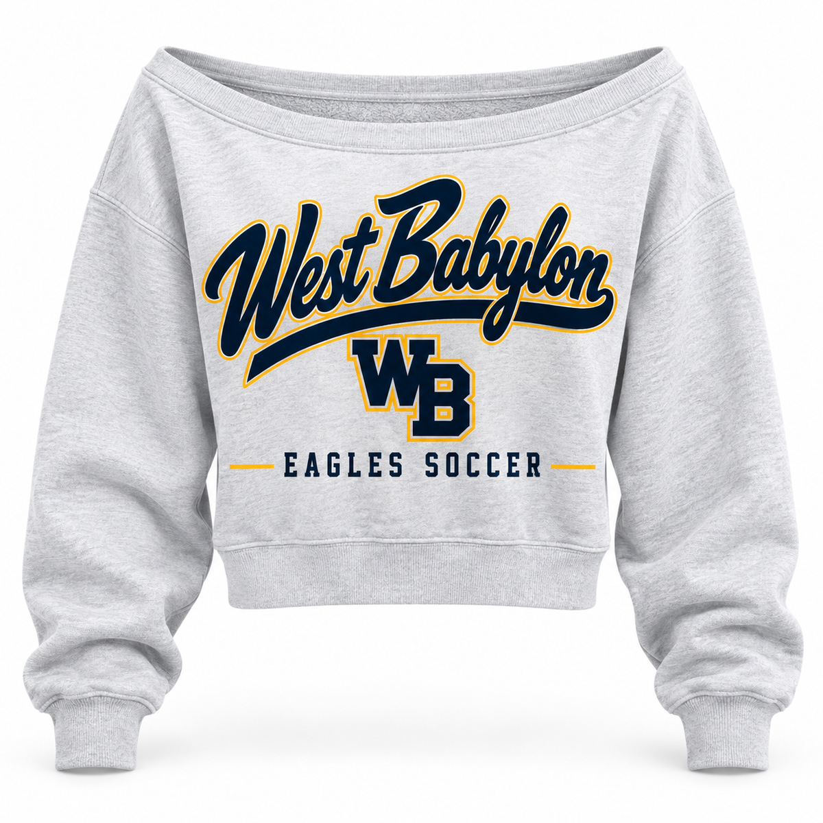 West Babylon Eagles Soccer Women's Pro Script Off-Shoulder Sweatshirt in Heather Gray with navy gold and white collegiate artwork