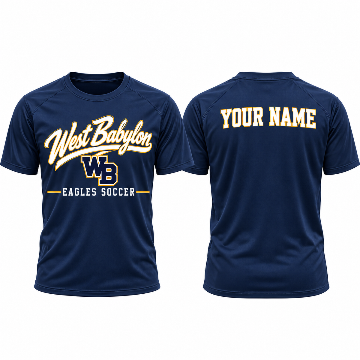 Navy West Babylon Eagles Soccer performance practice shirt front and personalized player name back