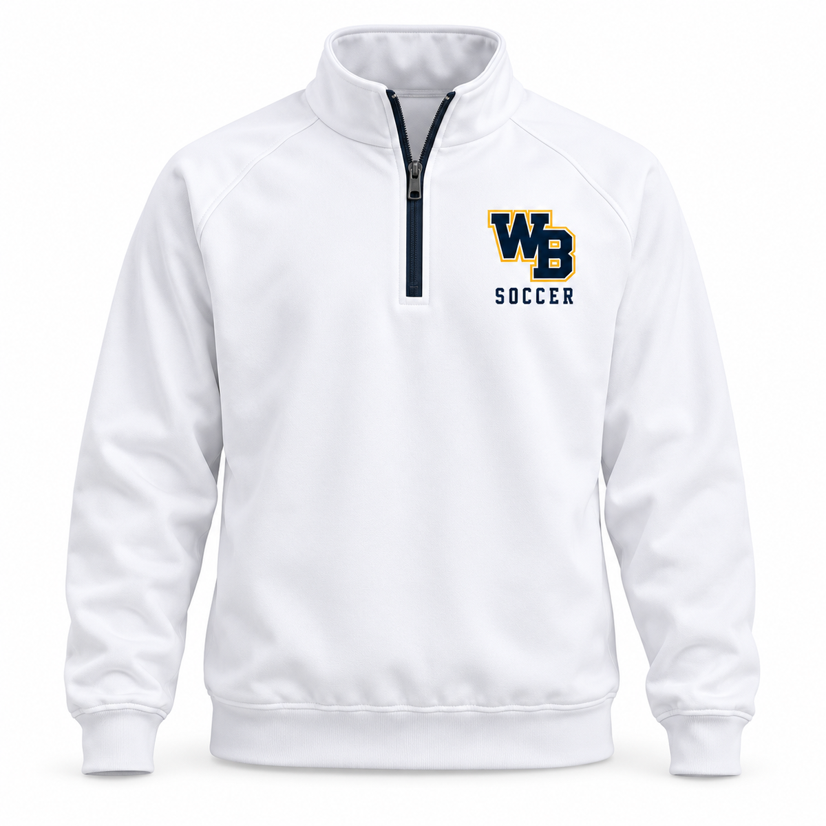 West Babylon Eagles Soccer WB Quarter-Zip Pullover in White with navy gold and white collegiate artwork