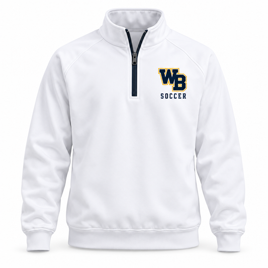 West Babylon Eagles Soccer WB Quarter-Zip Pullover in White with navy gold and white collegiate artwork