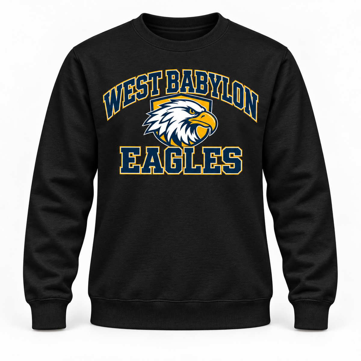 West Babylon Eagles Stadium Crewneck Sweatshirt in Black, front view with West Babylon Eagles graphic