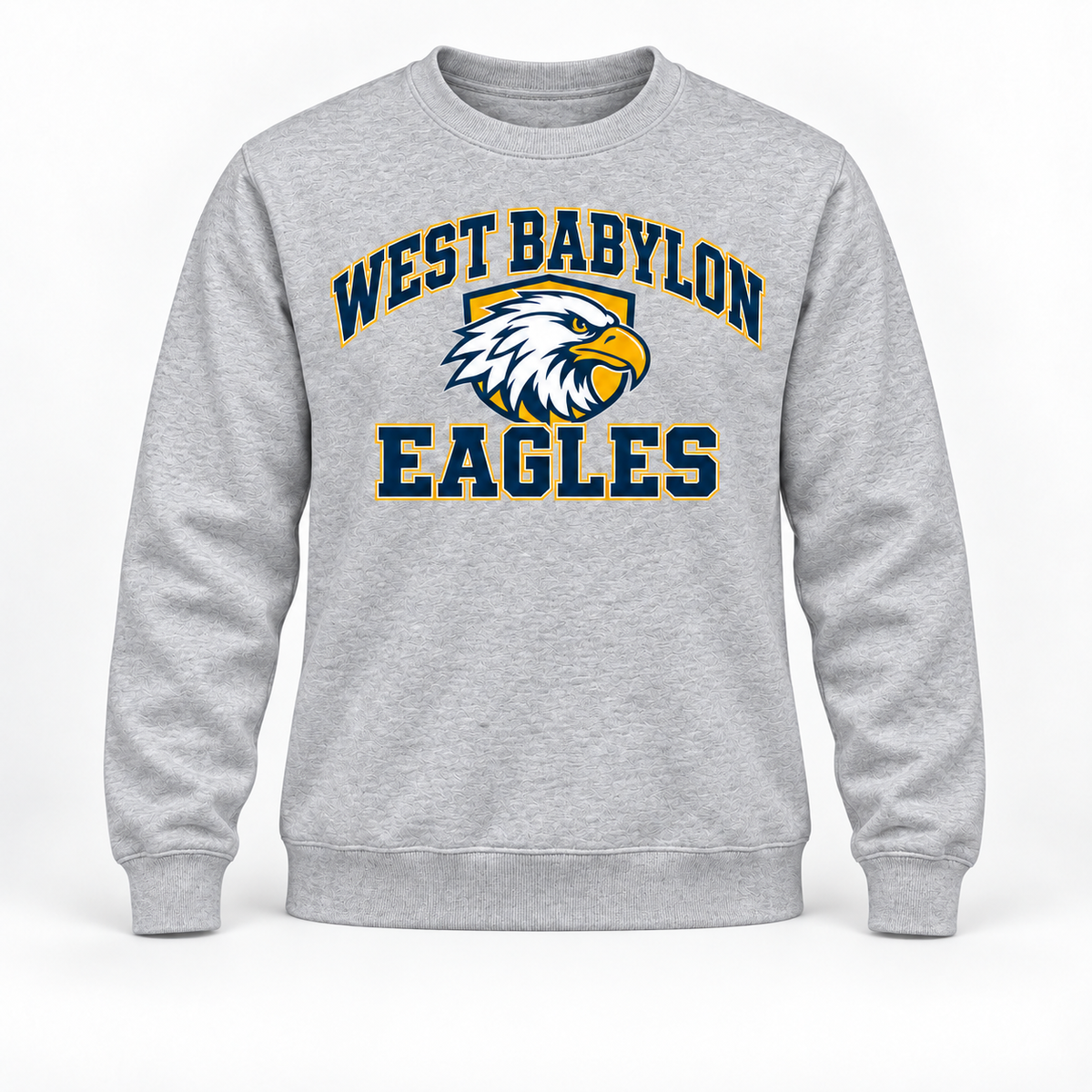 West Babylon Eagles Stadium Crewneck Sweatshirt in Heather Gray, front view with West Babylon Eagles graphic