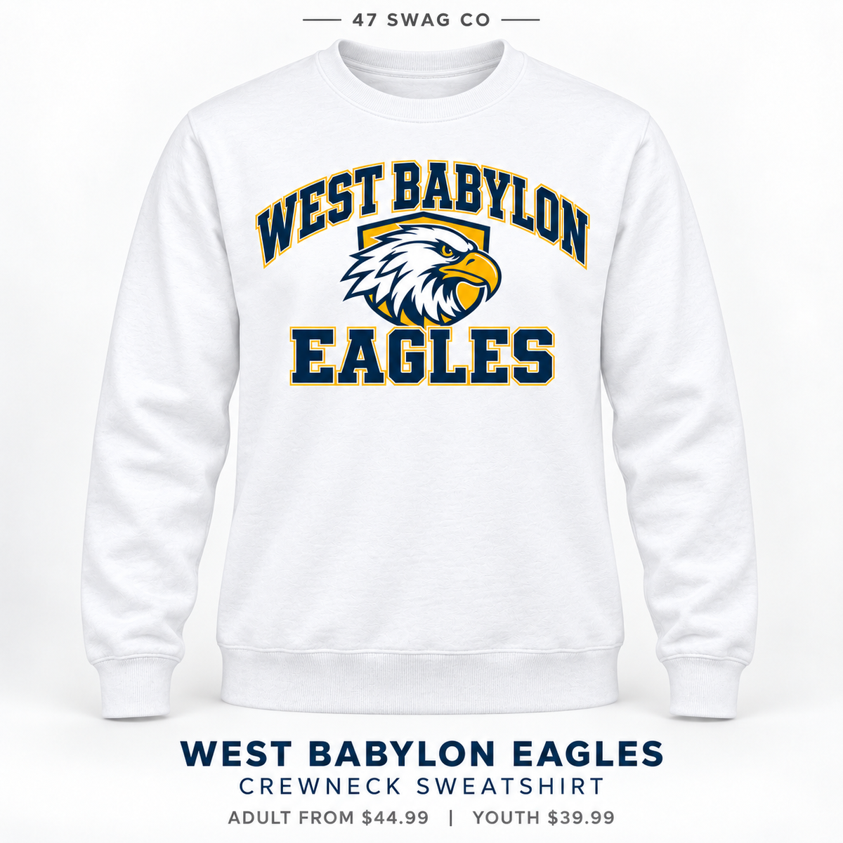 West Babylon Eagles Stadium Crewneck Sweatshirt in White, front view with West Babylon Eagles graphic