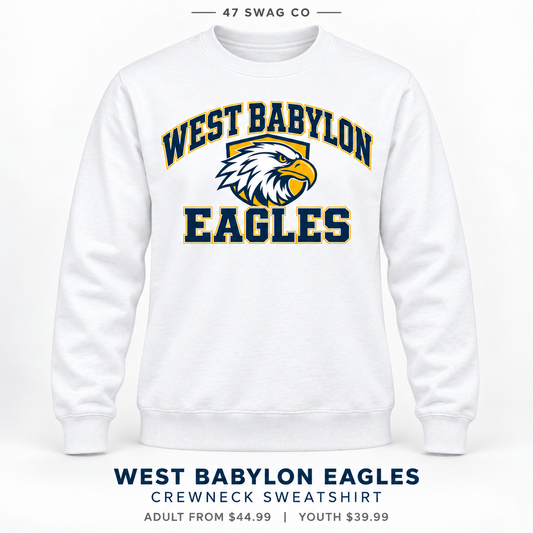 West Babylon Eagles Stadium Crewneck Sweatshirt in White, front view with West Babylon Eagles graphic