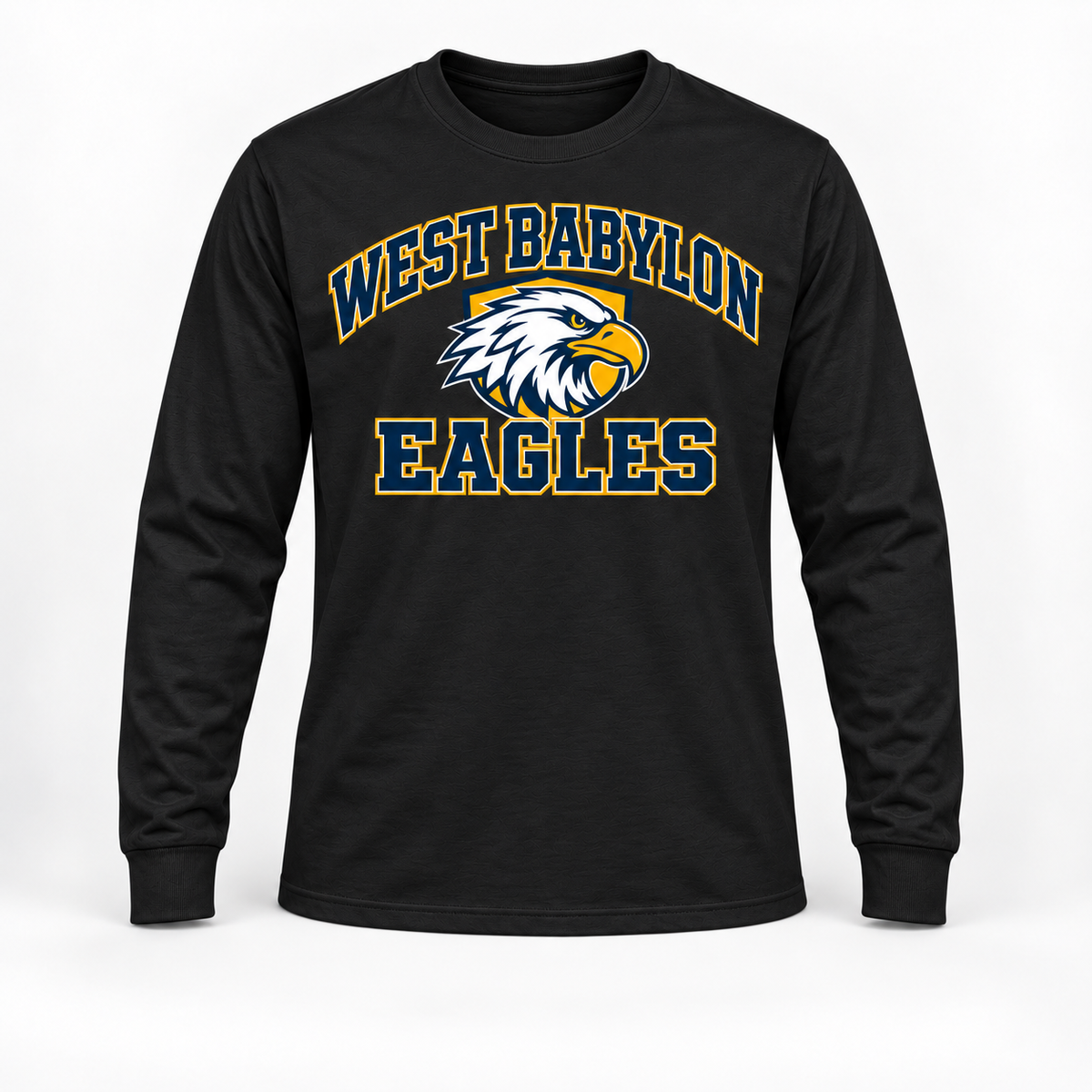 West Babylon Eagles Stadium Long Sleeve Tee in Black, front view with West Babylon Eagles graphic