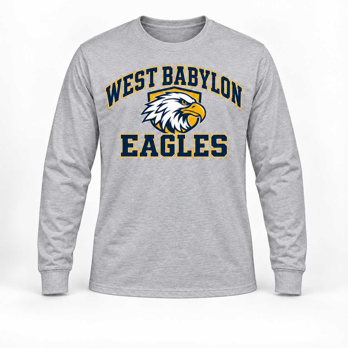 West Babylon Eagles Stadium Long Sleeve Tee in Heather Gray, front view with West Babylon Eagles graphic
