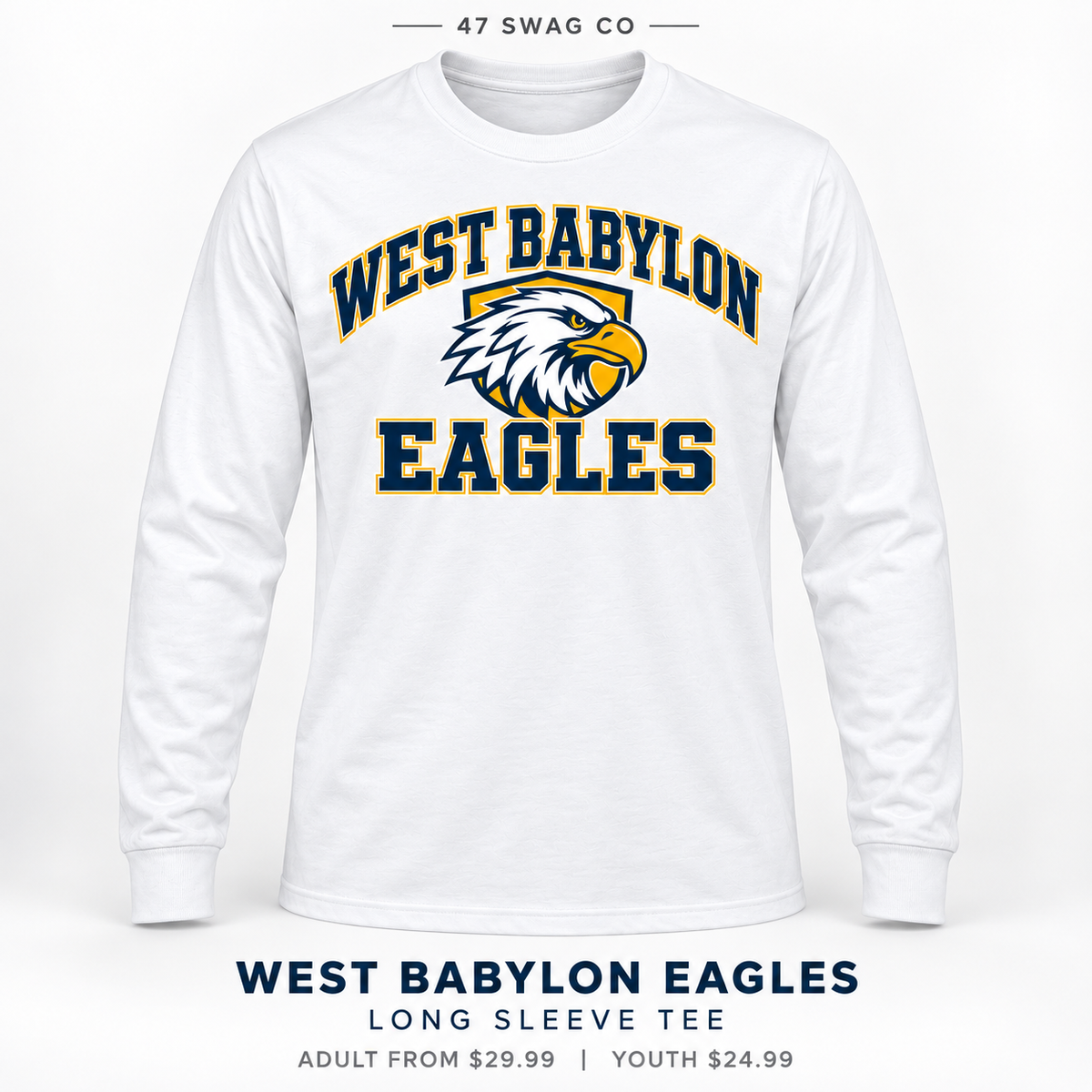 West Babylon Eagles Stadium Long Sleeve Tee in White, front view with West Babylon Eagles graphic