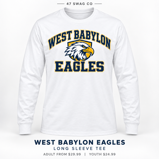 West Babylon Eagles Stadium Long Sleeve Tee in White, front view with West Babylon Eagles graphic