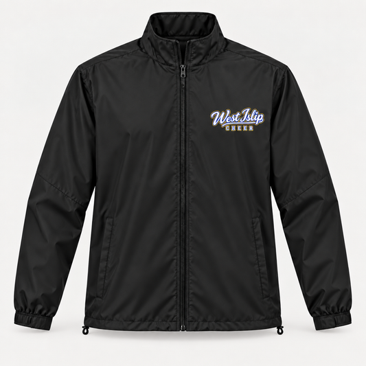 Black West Islip Cheer full-zip wind jacket with a small blue, gold and white script print on the left chest