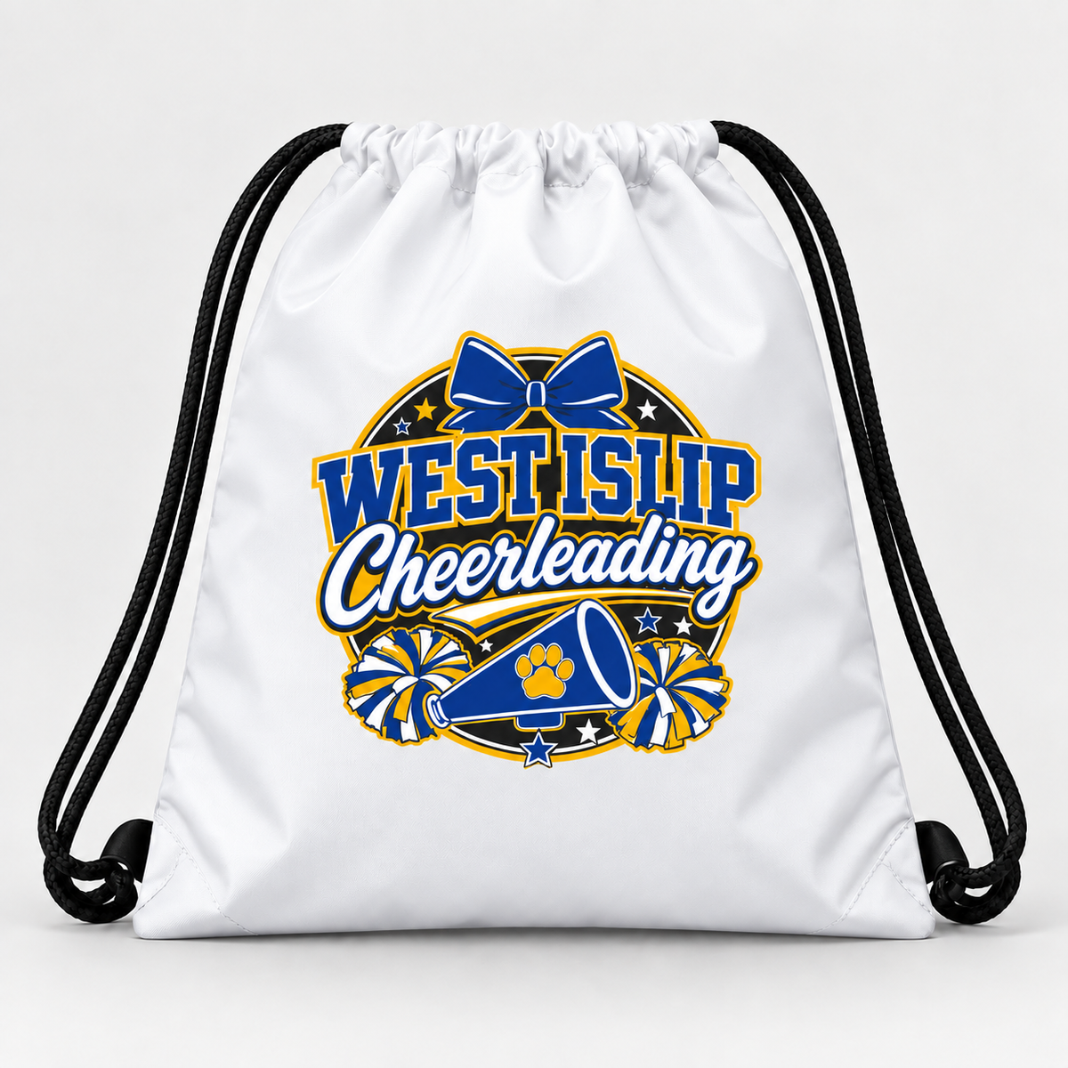 White West Islip Cheerleading drawstring bag