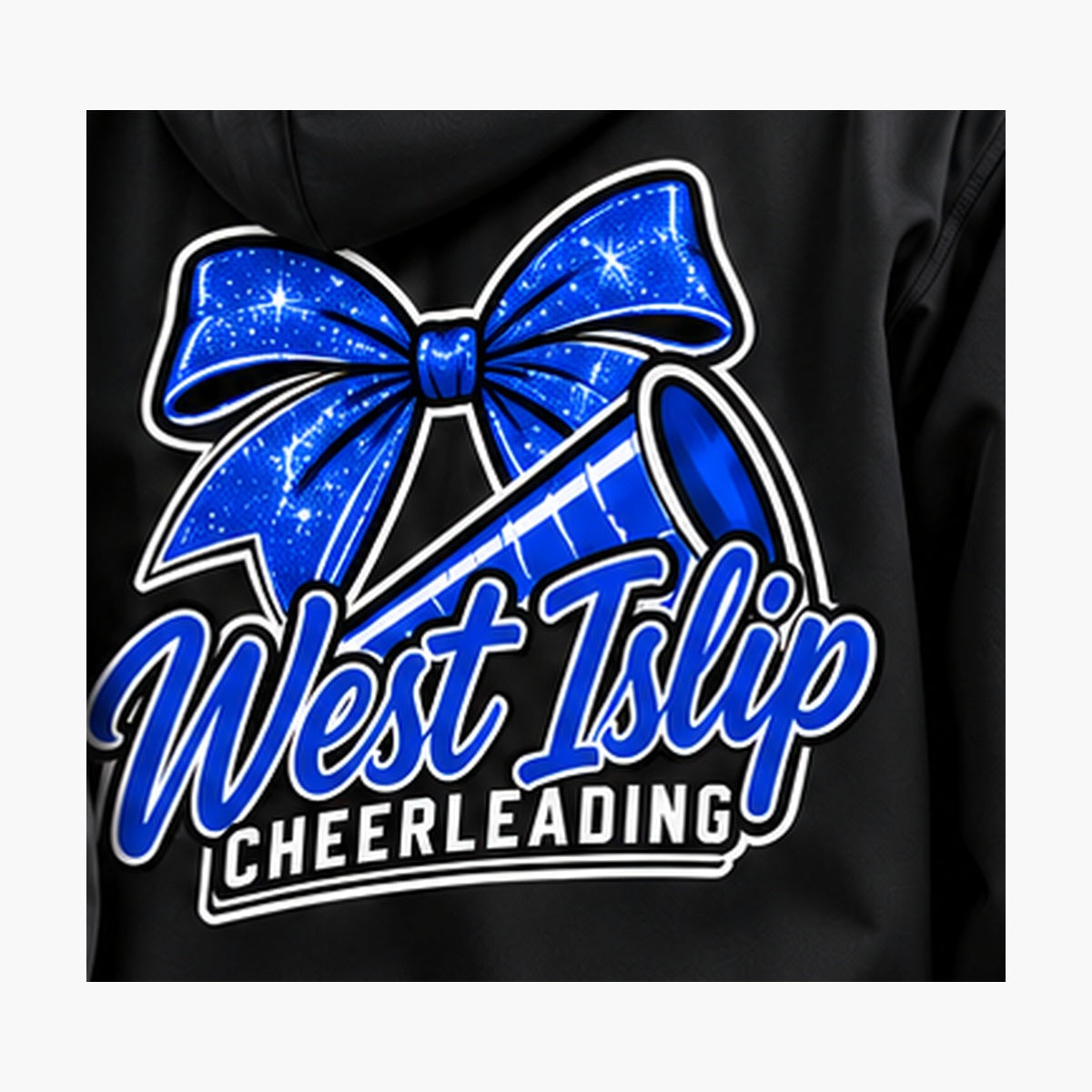 West Islip Cheer bow megaphone royal blue back design detail on black jacket