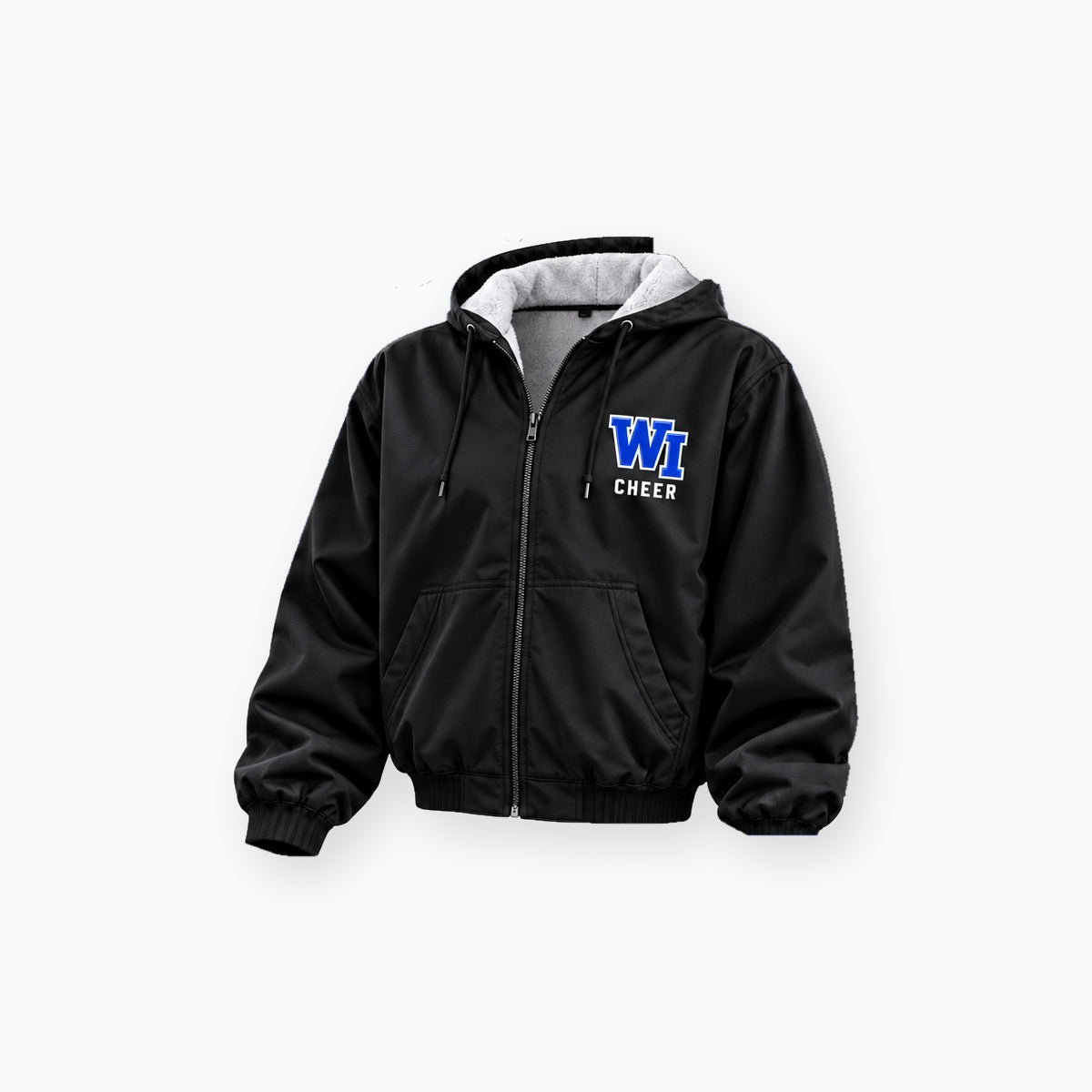 West Islip Cheer royal blue WI logo black fleece-lined hooded jacket front