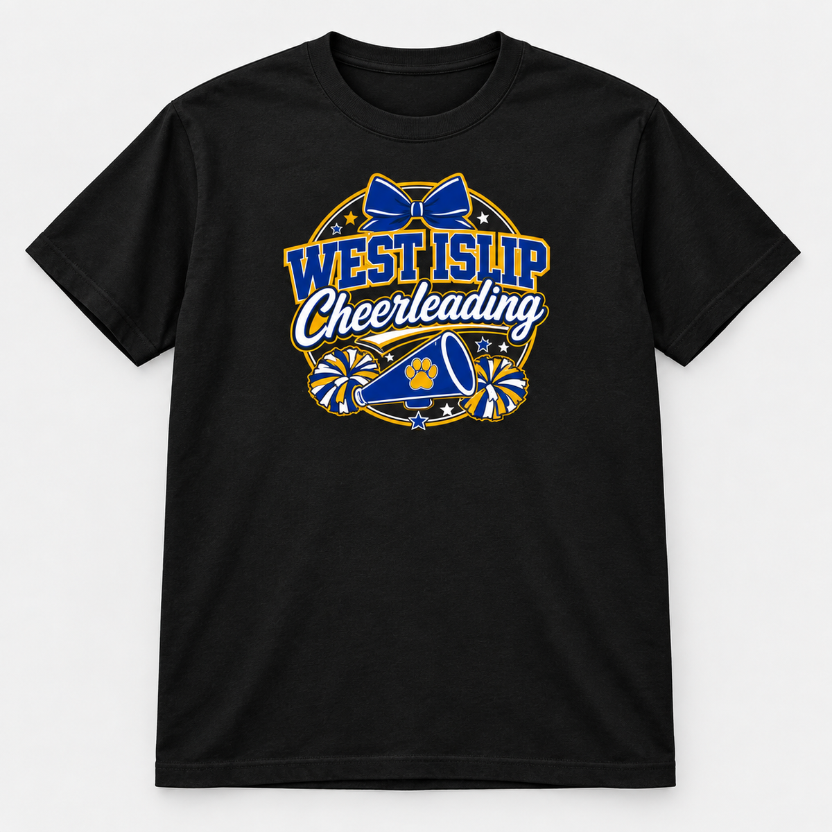 Black West Islip Cheerleading bow and megaphone T-shirt