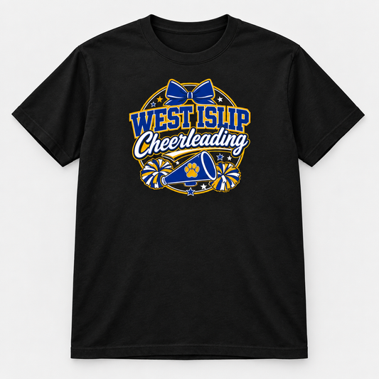 Black West Islip Cheerleading bow and megaphone T-shirt