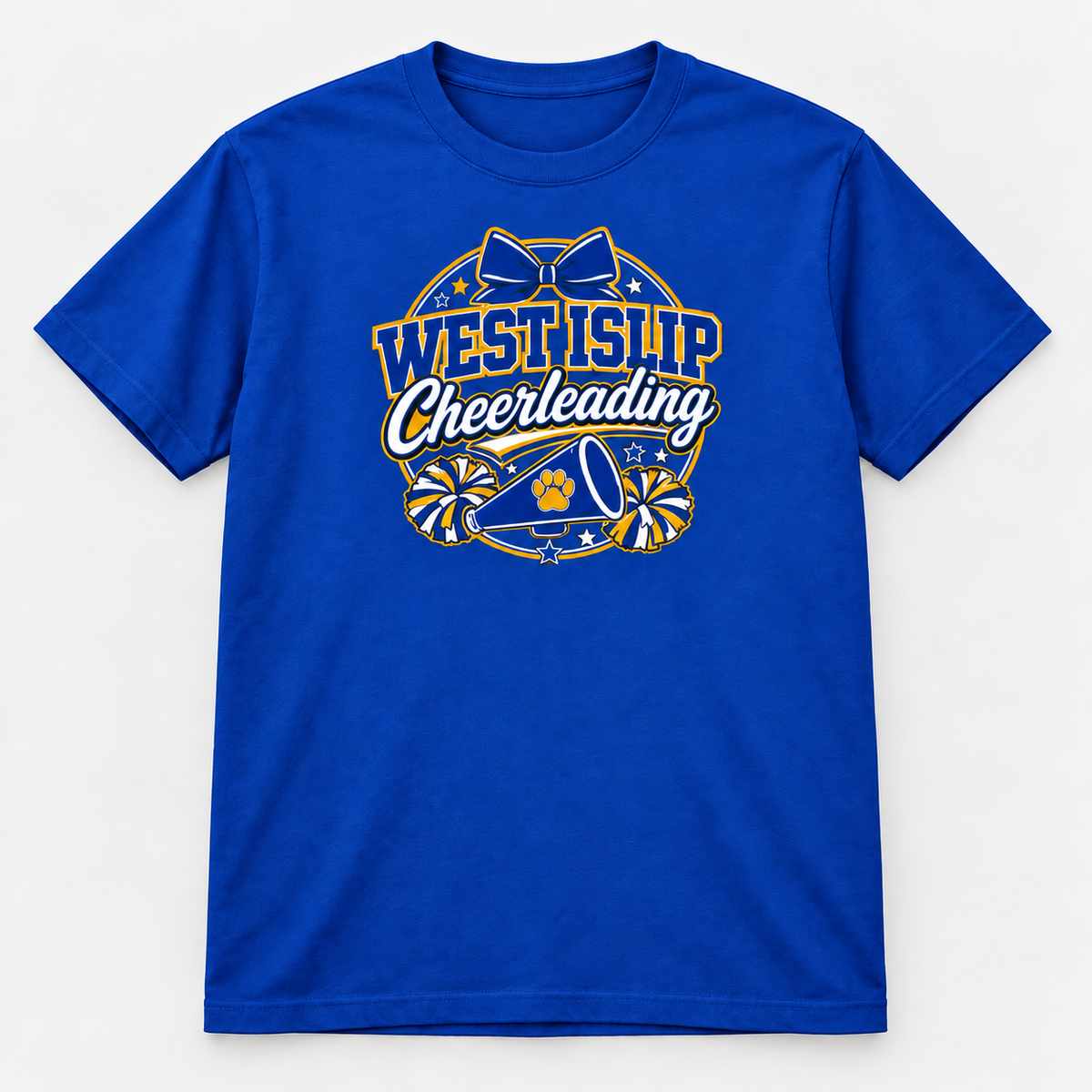 Royal Blue West Islip Cheerleading bow and megaphone T-shirt