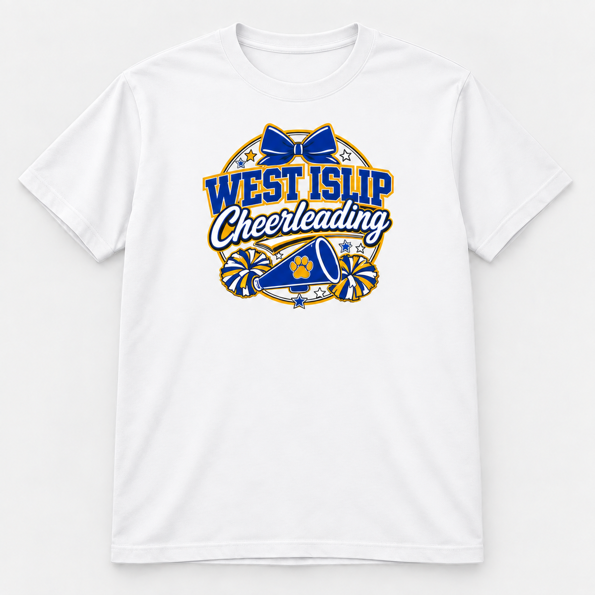 White West Islip Cheerleading bow and megaphone T-shirt