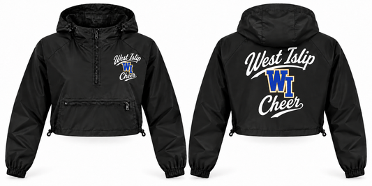 West Islip Cheer black adult crop windbreaker front and back
