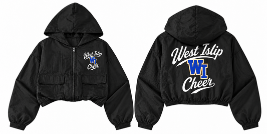 West Islip Cheer black youth crop full zip jacket front and back