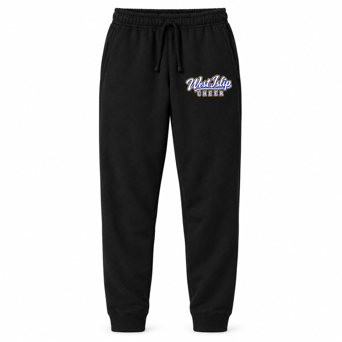 West Islip Cheer black fleece joggers with collegiate script thigh print