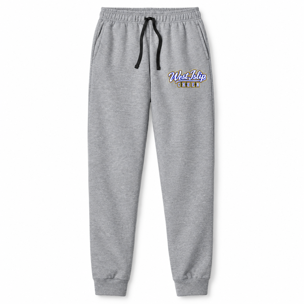 West Islip Cheer gray fleece joggers with collegiate script thigh print
