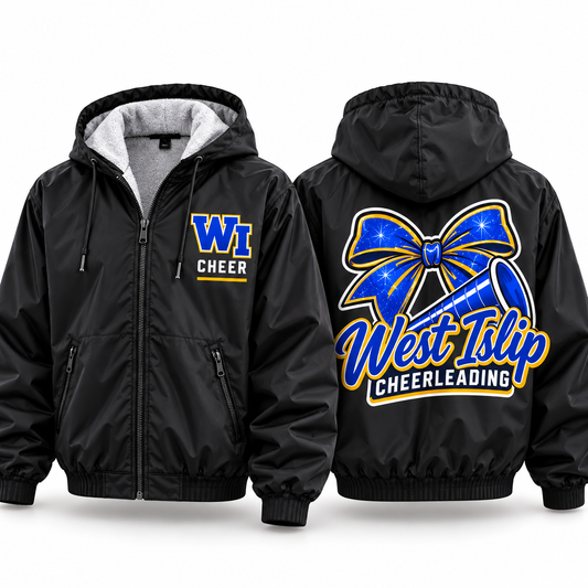 West Islip Cheer royal blue and gold bow and megaphone fleece-lined hooded jacket in black, front and back, WI CHEER chest design