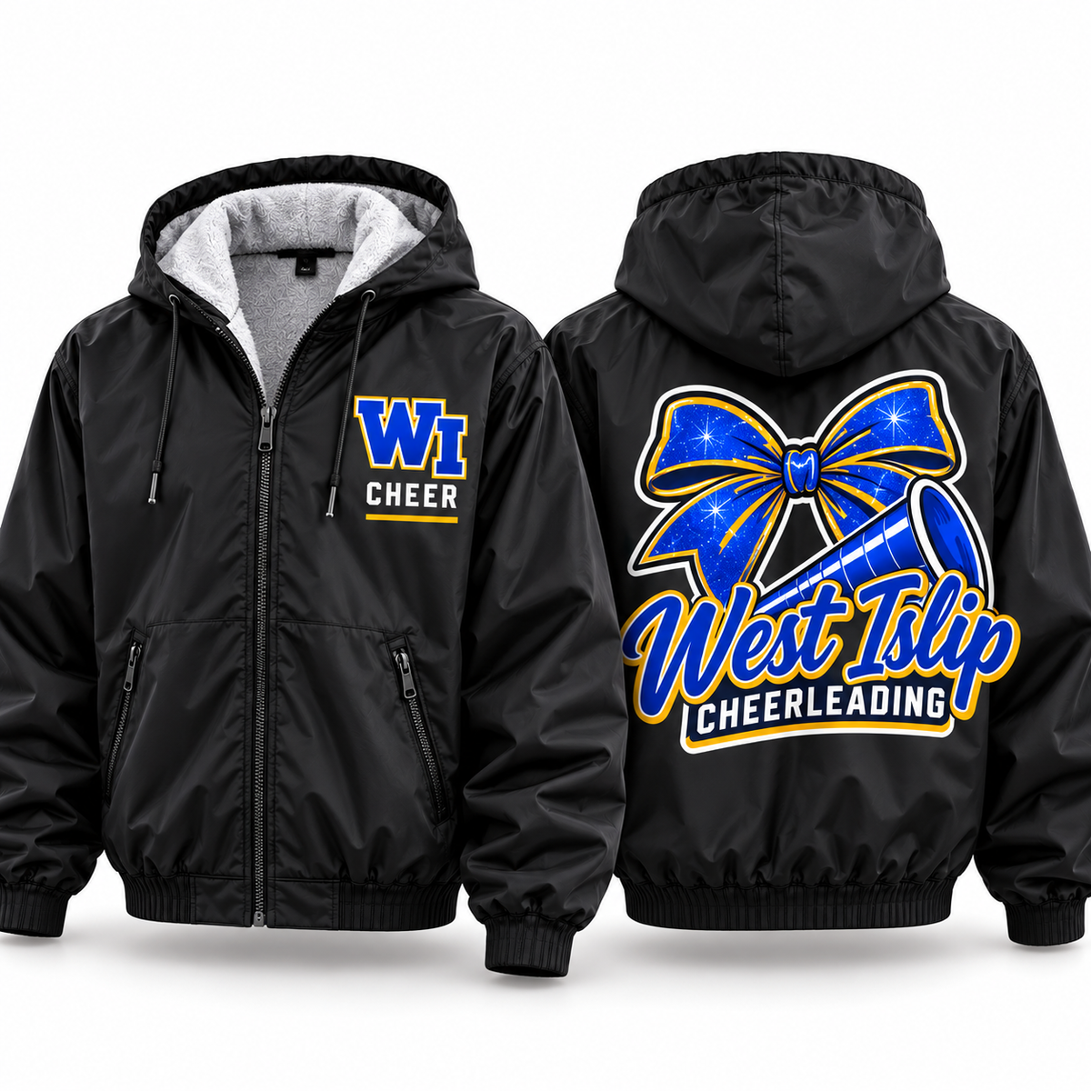 West Islip Cheer royal blue and gold bow and megaphone fleece-lined hooded jacket in black, front and back, WI CHEER chest design