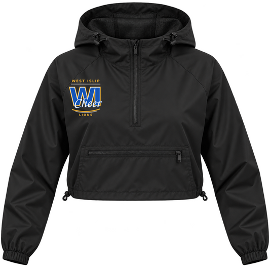 Black women's cropped quarter-zip windbreaker with West Islip WI Cheer left-chest design in royal blue, gold and white