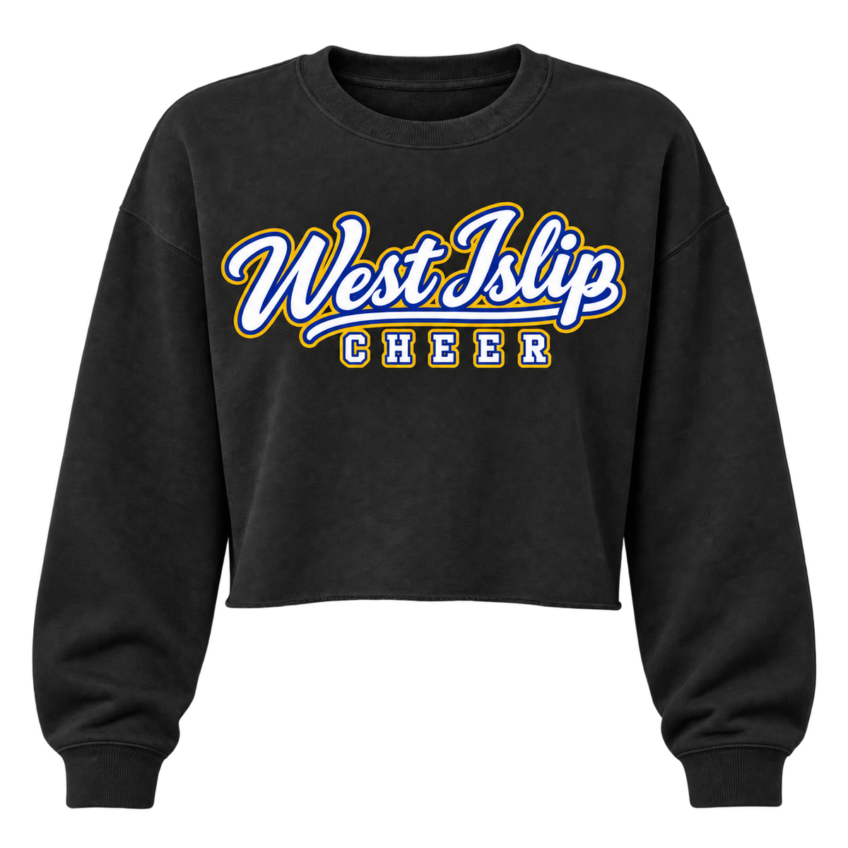 West Islip Cheer women's cropped crewneck in Black with royal blue, gold and white script