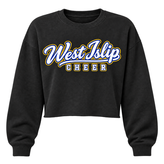 West Islip Cheer women's cropped crewneck in Black with royal blue, gold and white script