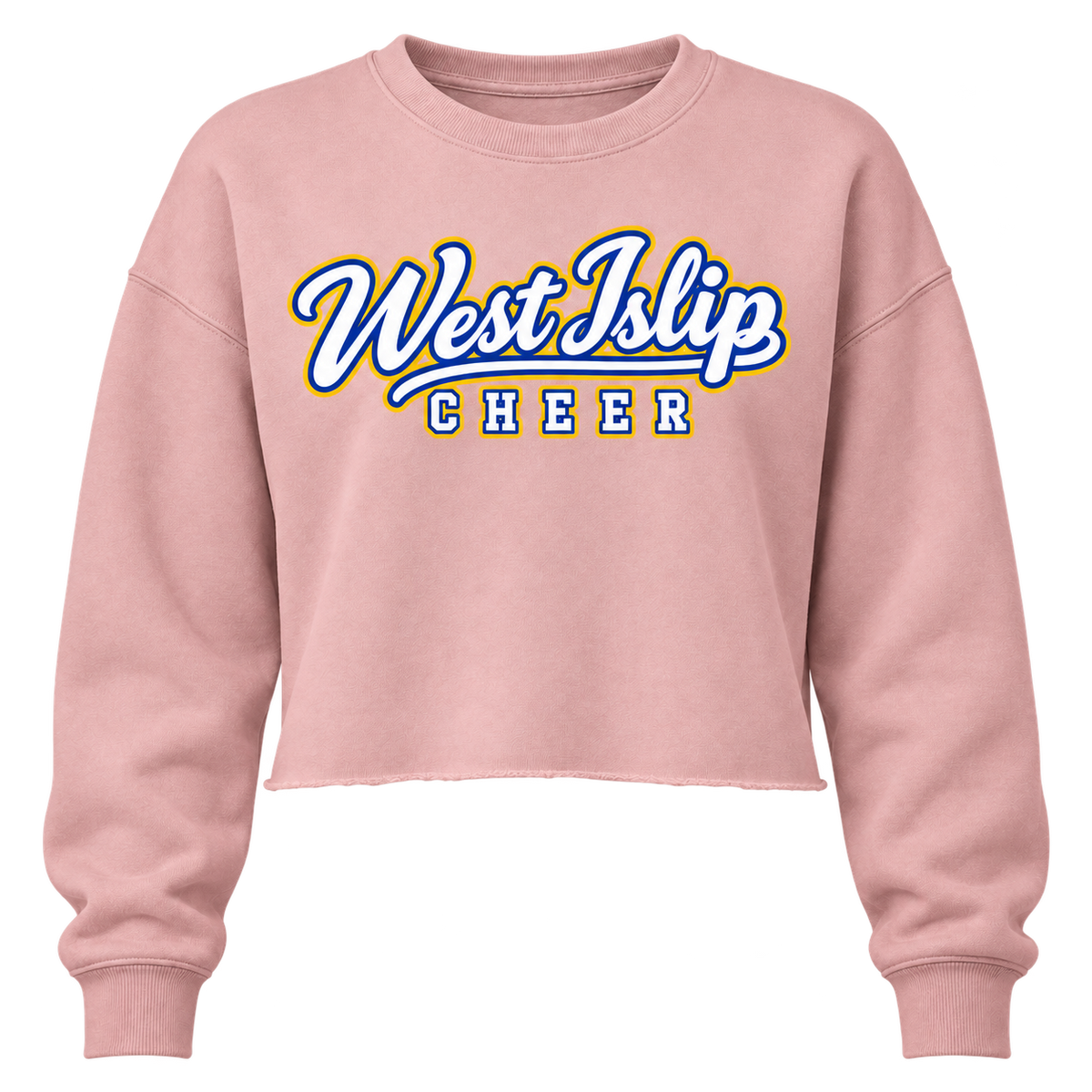 West Islip Cheer women's cropped crewneck in Blush with royal blue, gold and white script