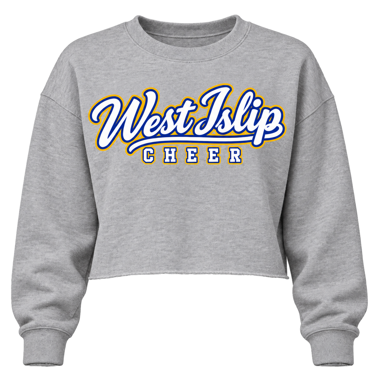 West Islip Cheer women's cropped crewneck in Grey Heather with royal blue, gold and white script