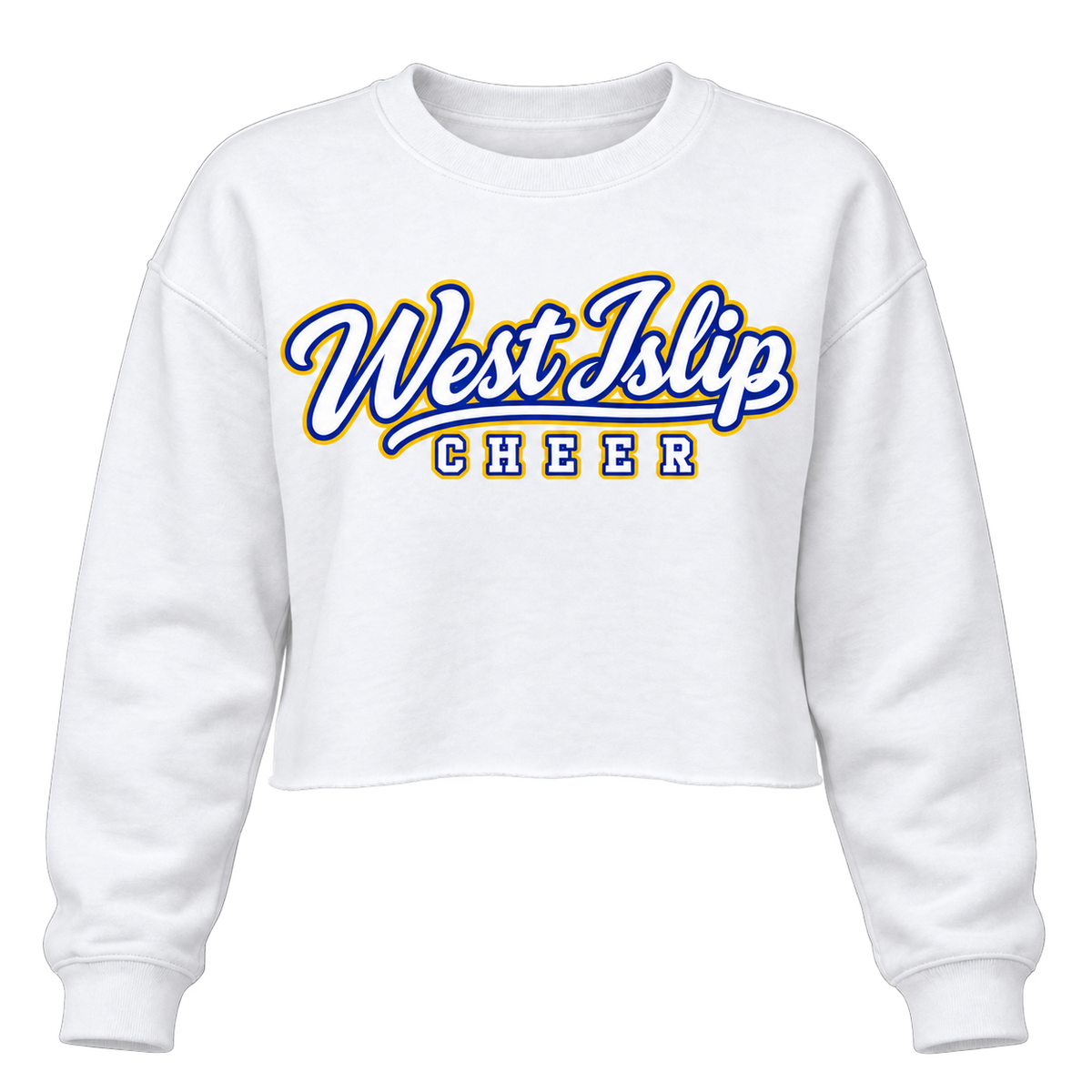 West Islip Cheer women's cropped crewneck in White with royal blue, gold and white script