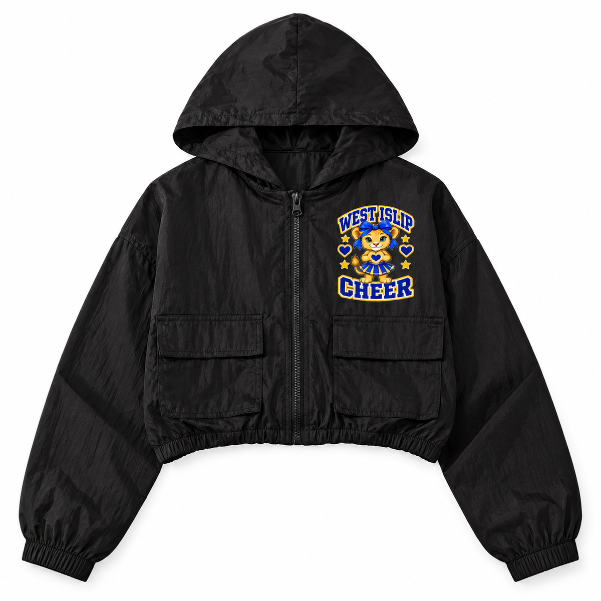 West Islip Cheer Little Lions Bow Heart Cub black youth cropped full-zip windbreaker front mockup