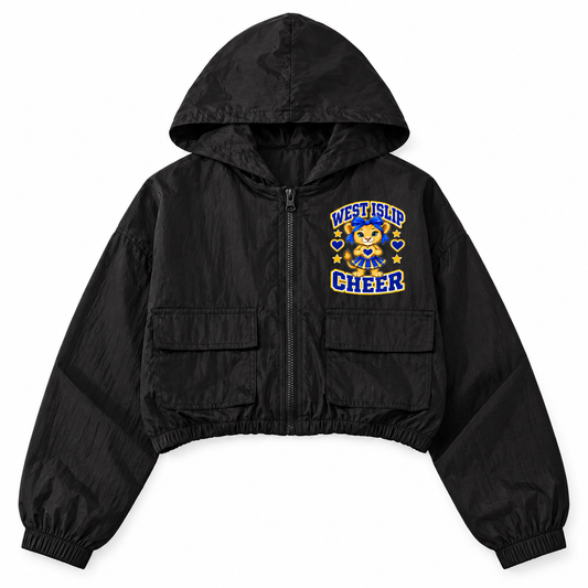 West Islip Cheer Little Lions Bow Heart Cub black youth cropped full-zip windbreaker front mockup