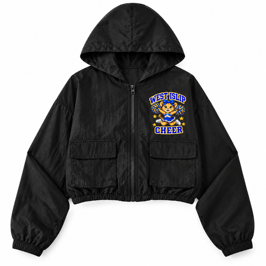 West Islip Cheer Little Lions Jumping Cub black youth cropped full-zip windbreaker front mockup