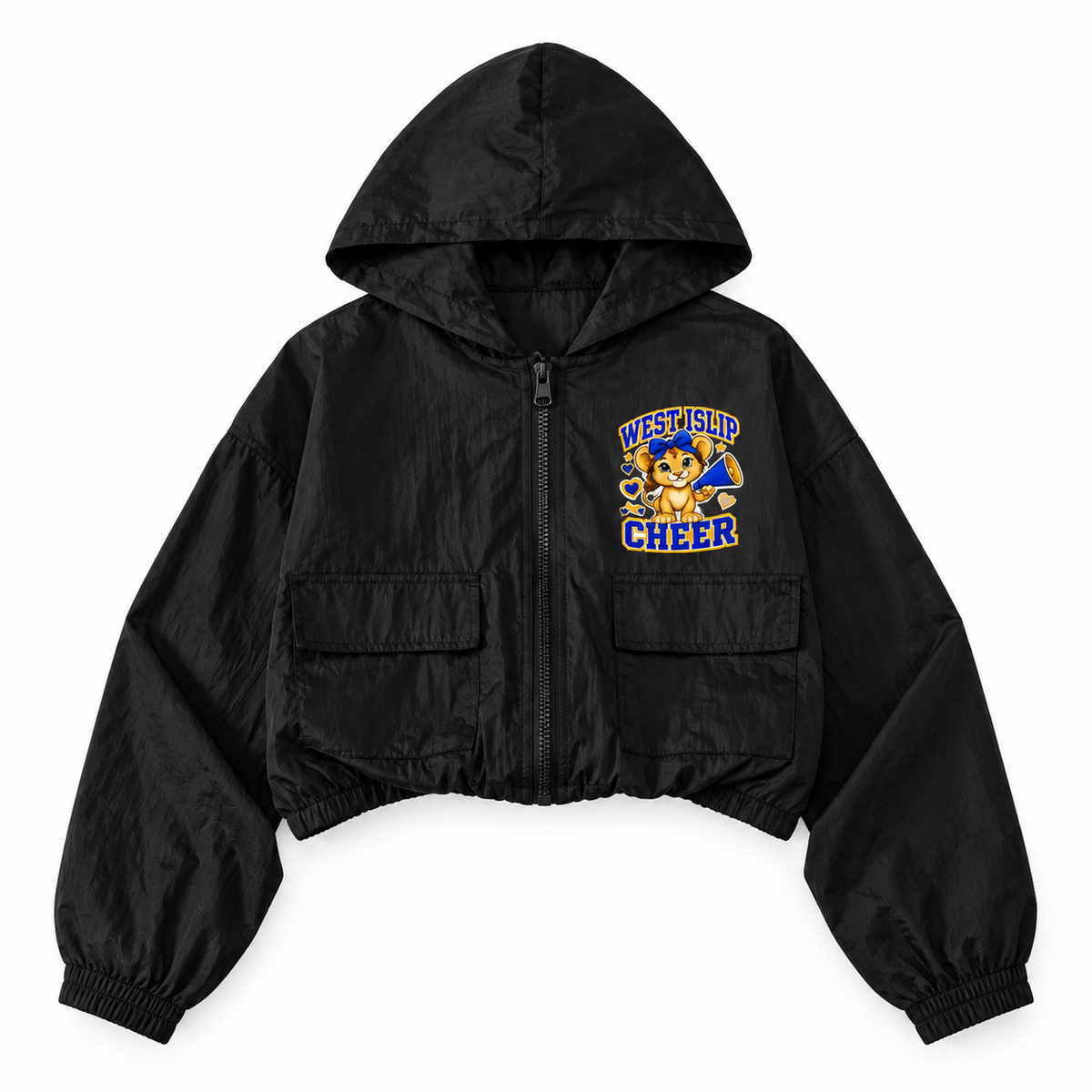 West Islip Cheer Little Lions Seated Megaphone Cub black youth cropped full-zip windbreaker front mockup