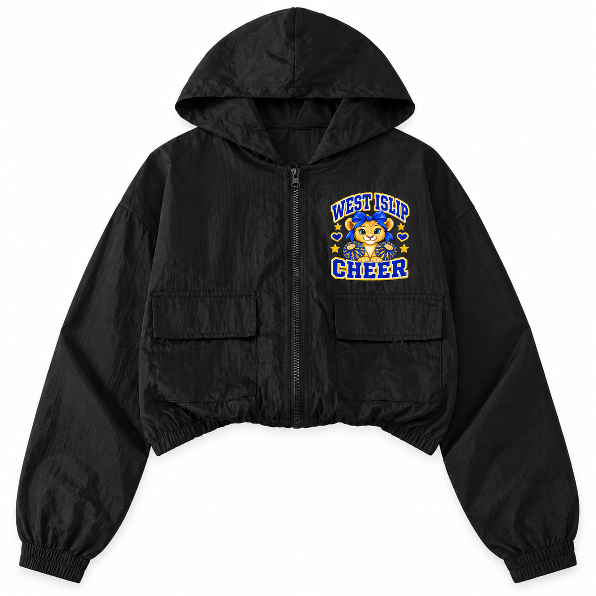 West Islip Cheer Little Lions Pom-Pom Cub black youth cropped full-zip windbreaker front mockup