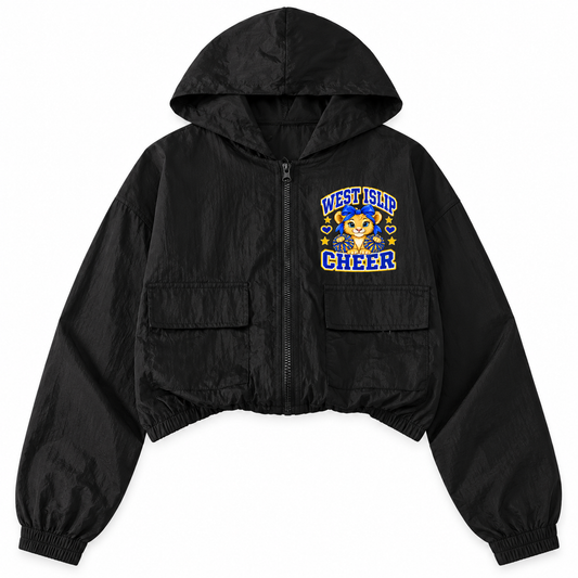 West Islip Cheer Little Lions Pom-Pom Cub black youth cropped full-zip windbreaker front mockup