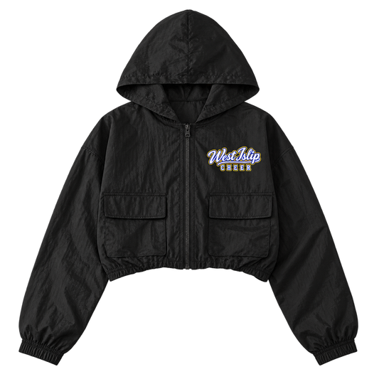 West Islip Cheer Collegiate Script black youth cropped full-zip windbreaker front mockup