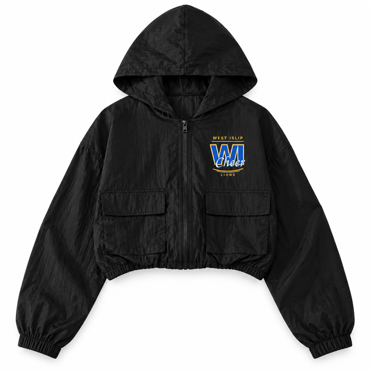 West Islip Cheer WI Varsity black youth cropped full-zip windbreaker front mockup
