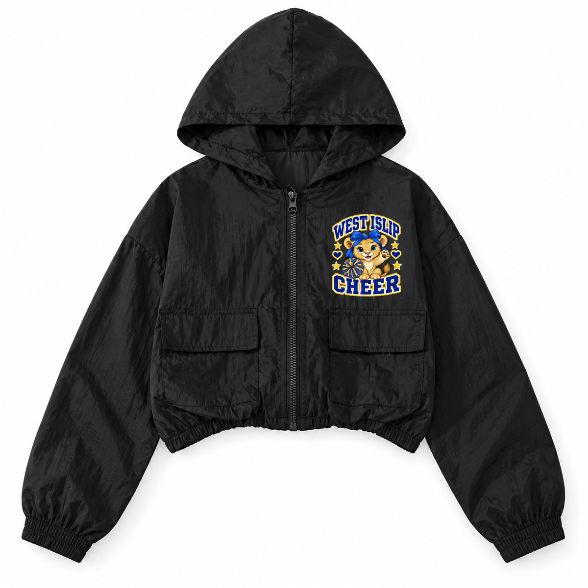 West Islip Cheer Little Lions Waving Cub black youth cropped full-zip windbreaker front mockup