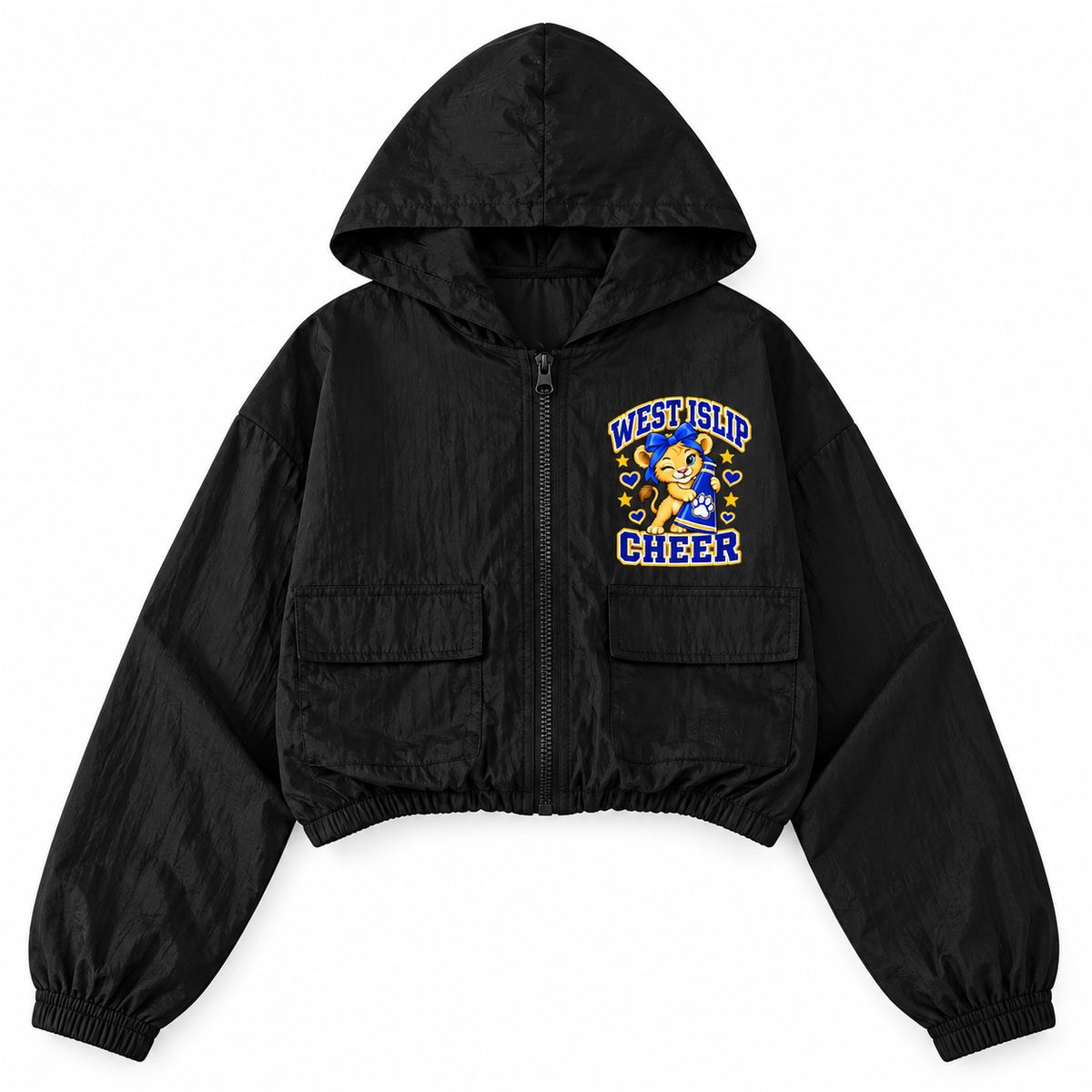 West Islip Cheer Little Lions Winking Megaphone Cub black youth cropped full-zip windbreaker front mockup