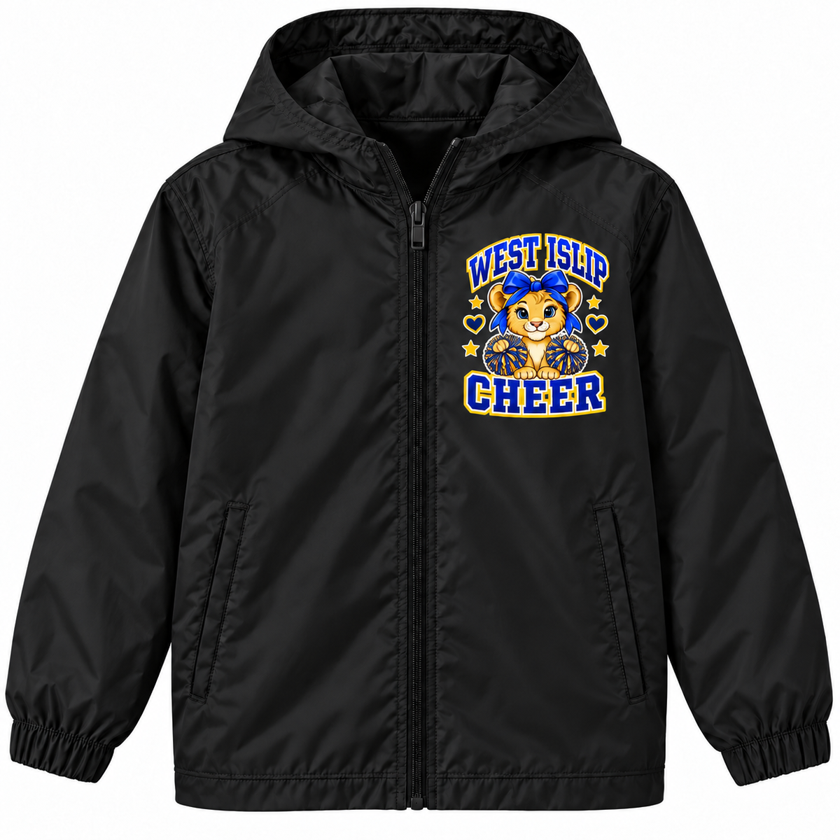 West Islip Cheer Little Lions youth windbreaker in Black, front view