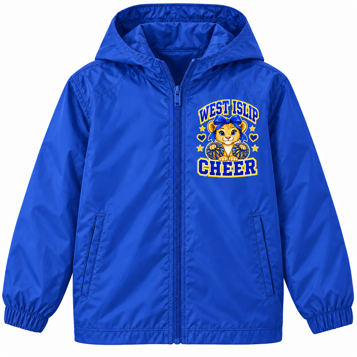 West Islip Cheer Little Lions youth windbreaker in Royal Blue, front view