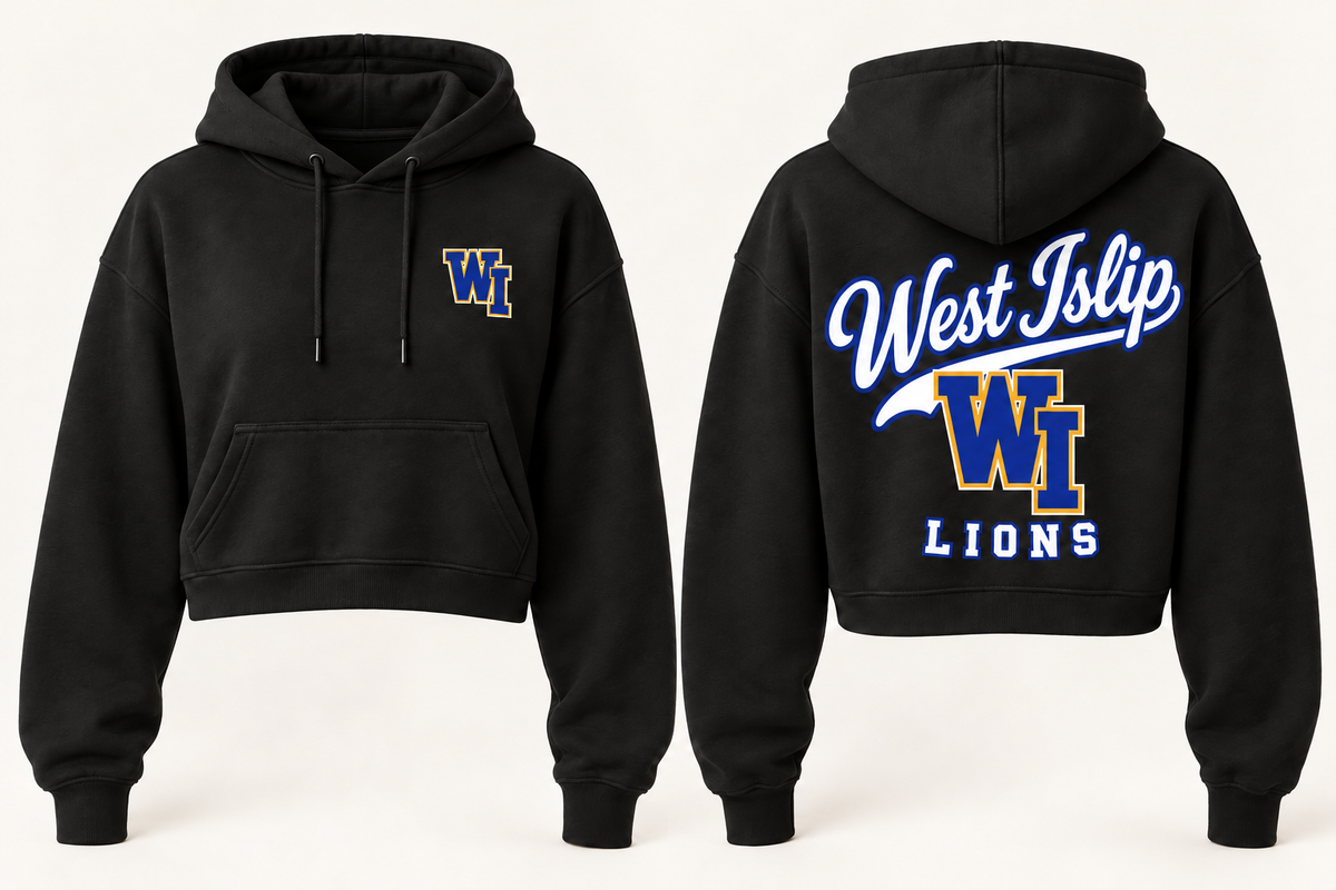 Black West Islip Lions women's collegiate crop hoodie front and back